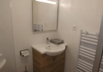 Salle de bains dans l'établissement Gite 11 Escapade Nature au Puy Mary Gîte Chaleureux avec Vue Apaisante